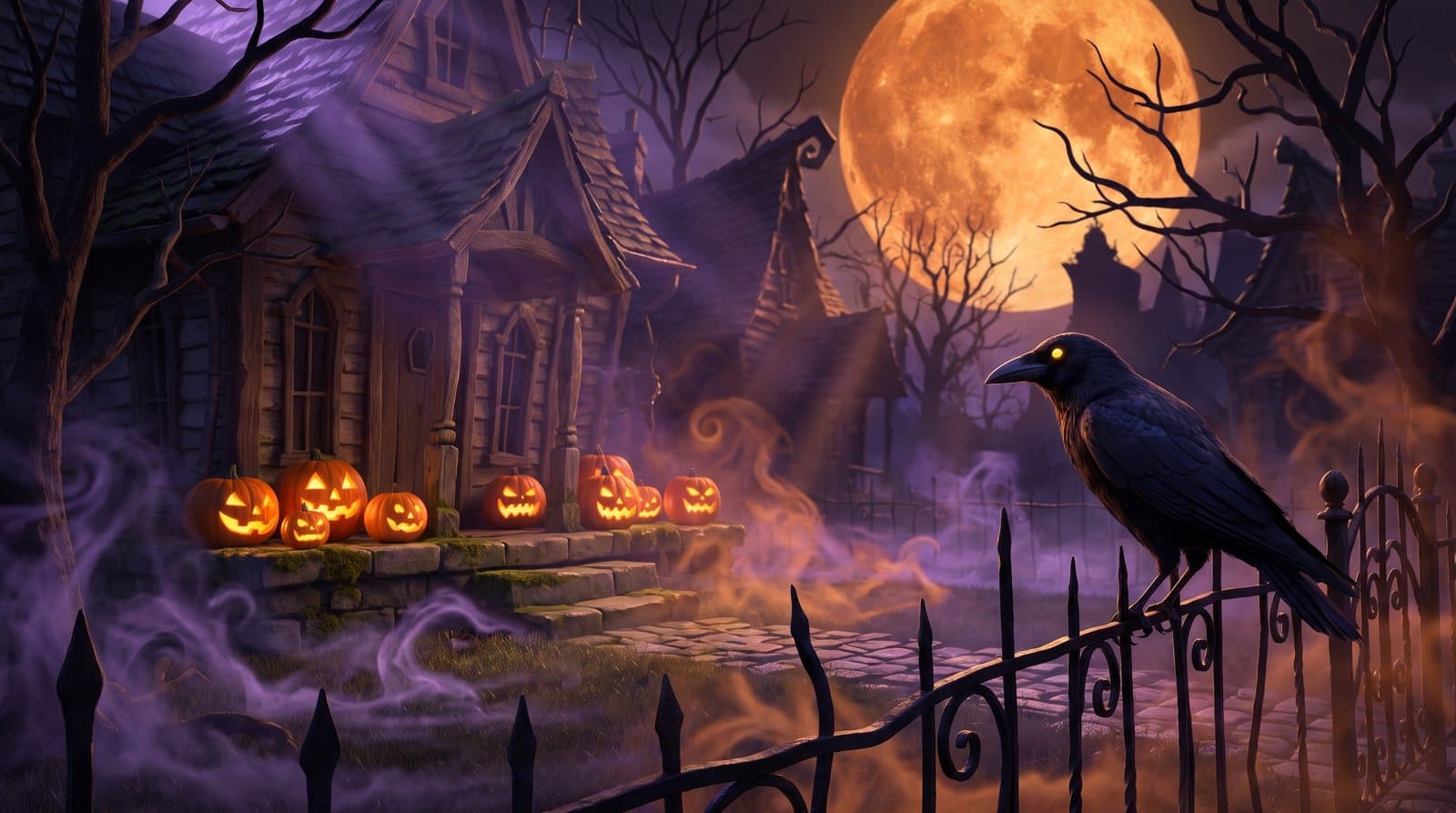 An inky All Hallows night: glowing jack-o'-lanterns on a porch, a black crow on an iron fence, a huge orange moon behind bare trees