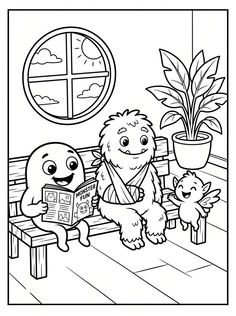 Line-art coloring page: The Waiting Room