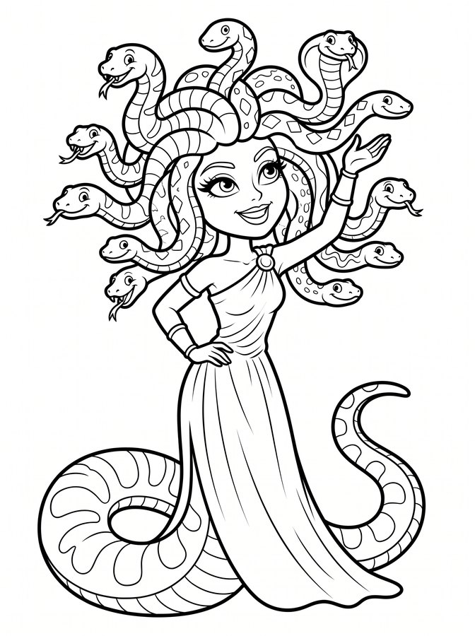 Line-art coloring page: Medusa