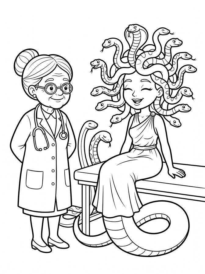 Line-art coloring page: The Snakes Take a Bow